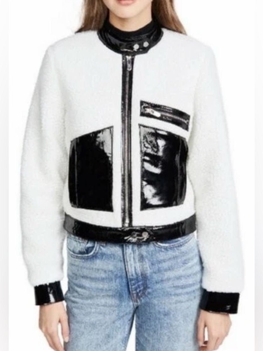 The Mighty Company Sherpa Moto Jacket Cream Black Patent Leather Bomber